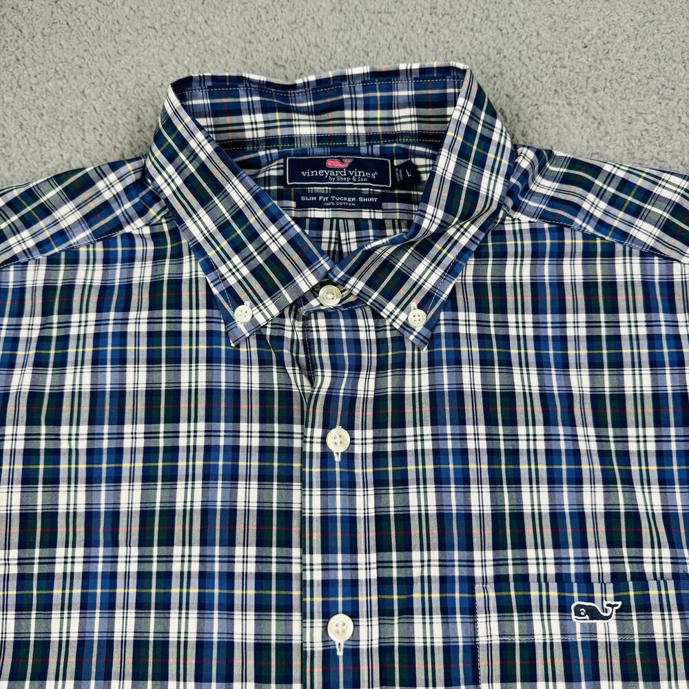 VINEYARD VINES Shirt Mens Large Blue Green Plaid Slim Fit Tucker Preppy